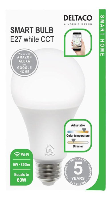 Smart bulb DELTACO SH-LE27W, E27, WiFI 2.4GHz, 9W, 810lm, dimmable, White