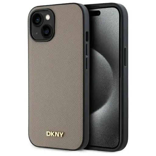 DKNY Grained Metal Logo MagSafe iPhone 15 Case - Beige - Cell phone cases and covers<<<HurtelXML