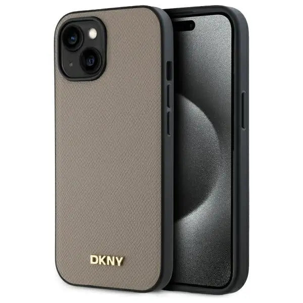 DKNY Grained Metal Logo MagSafe iPhone 15 Case - Beige - Cell phone cases and covers<<<HurtelXML