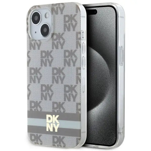 DKNY IML Checkered Mono Pattern & Printed Stripes MagSafe Case for iPhone 15 Plus / 14 Plus - Beige - Cell phone cases
