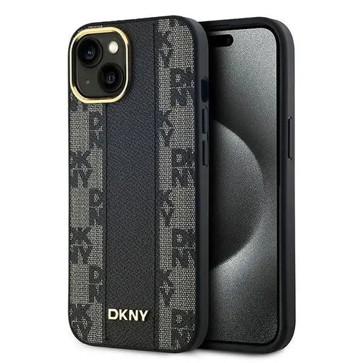 DKNY Leather Checkered Mono Pattern MagSafe Case for iPhone 15 Plus / 14 Plus - Black - Cell phone cases