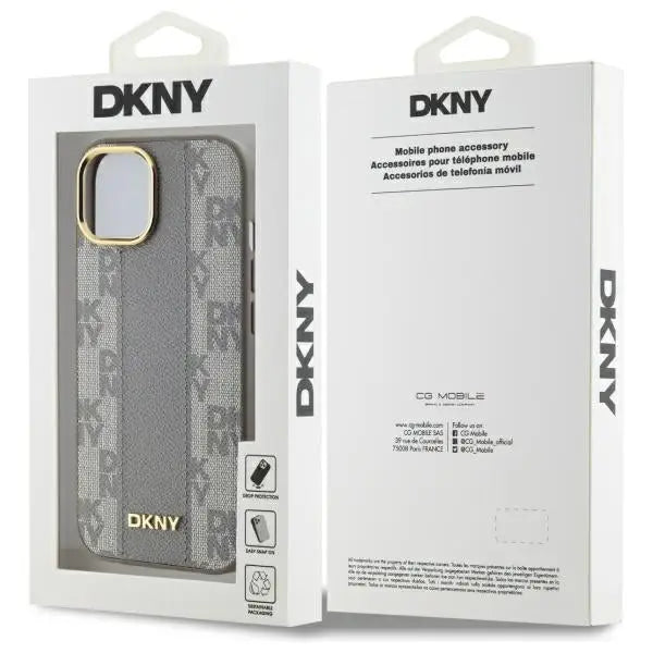 DKNY Leather Checkered Mono Pattern MagSafe iPhone 15 Plus Case - Beige - Cell phone cases and covers<<<HurtelXML