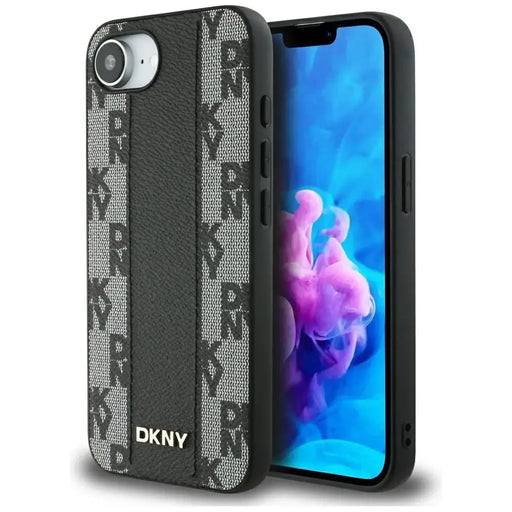 DKNY Leather Checkered Mono Pattern MagSafe iPhone 16e Case - Black - Cell phone cases and covers<<<HurtelXML