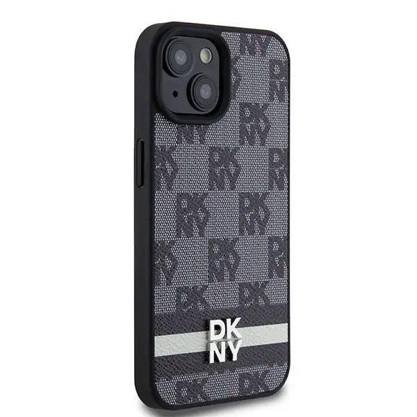 DKNY Leather Checkered Mono Pattern & Printed Stripes Case for iPhone 15 Plus / 14 Plus - Black - Cell phone cases