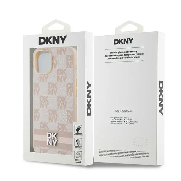 DKNY Leather Checkered Mono Pattern & Printed Stripes case for iPhone 15 / 14 / 13 - pink - Cell phone cases