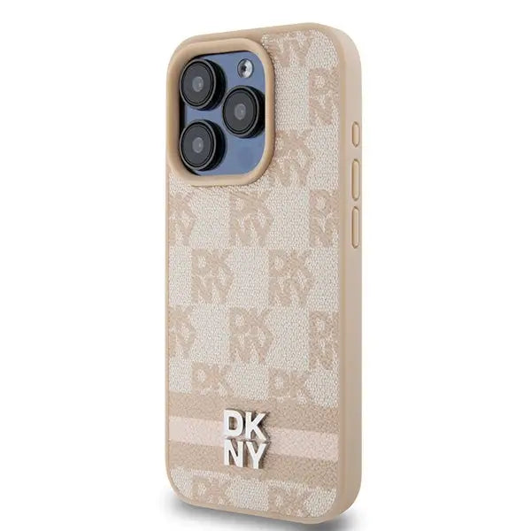 DKNY Leather Checkered Mono Pattern & Printed Stripes case for iPhone 15 Pro Max - pink - Cell phone cases