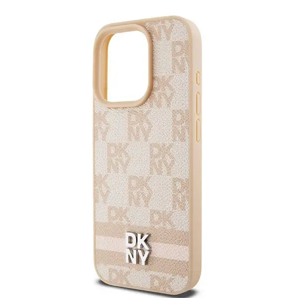 DKNY Leather Checkered Mono Pattern & Printed Stripes case for iPhone 15 Pro - pink - Cell phone cases