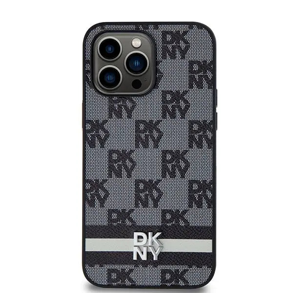 DKNY Leather Checkered Mono Pattern & Printed Stripes Case for iPhone 14 Pro Max - Black - Cell phone cases