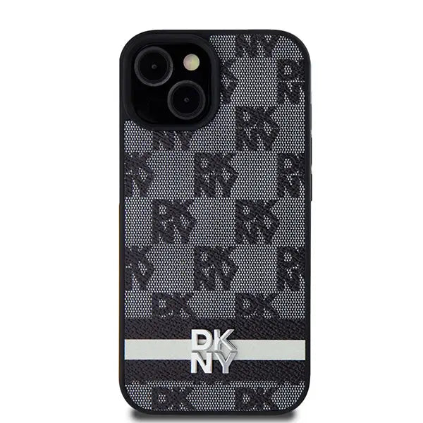 DKNY Leather Checkered Mono Pattern & Printed Stripes Case for iPhone 15/14/13 - Black - Cell phone cases