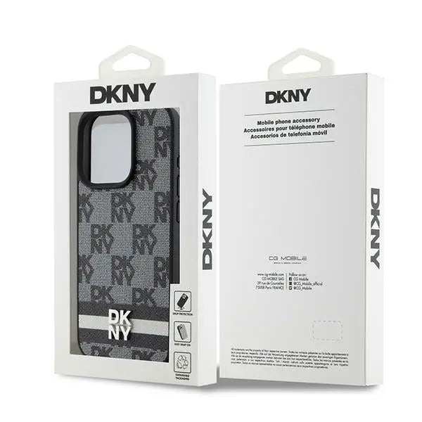DKNY Leather Checkered Mono Pattern & Printed Stripes Case for iPhone 15 Pro Max - Black - Cell phone cases