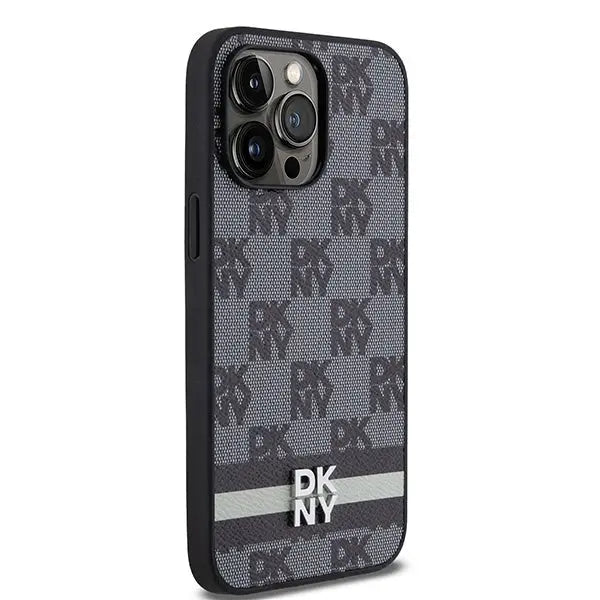 DKNY Leather Checkered Mono Pattern & Printed Stripes Case for iPhone 14 Pro Max - Black - Cell phone cases