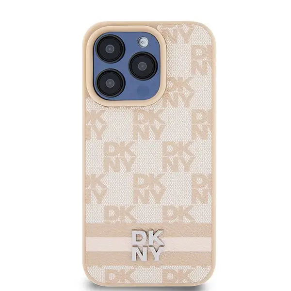 DKNY Leather Checkered Mono Pattern & Printed Stripes case for iPhone 15 Pro Max - pink - Cell phone cases