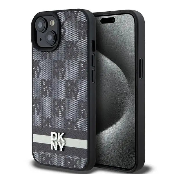 DKNY Leather Checkered Mono Pattern & Printed Stripes Case for iPhone 15/14/13 - Black - Cell phone cases