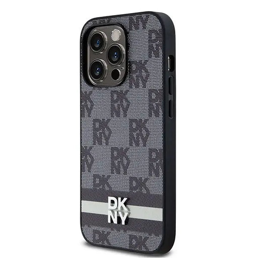 DKNY Leather Checkered Mono Pattern & Printed Stripes iPhone 14 Pro Case - Black - Cell phone cases