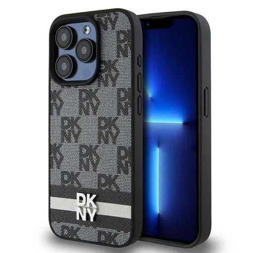 DKNY Leather Checkered Mono Pattern & Printed Stripes iPhone 15 Pro Case - Black - Cell phone cases