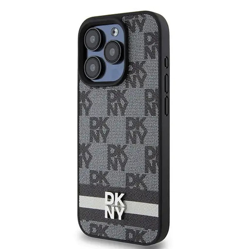 DKNY Leather Checkered Mono Pattern & Printed Stripes iPhone 15 Pro Case - Black - Cell phone cases