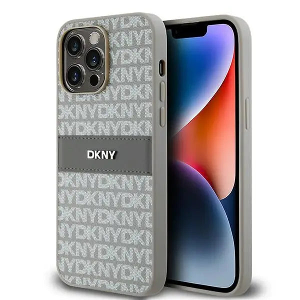 DKNY Leather Mono Stripe & Metal Logo case for iPhone 14 Pro - beige - Cell phone cases and covers<<<HurtelXML