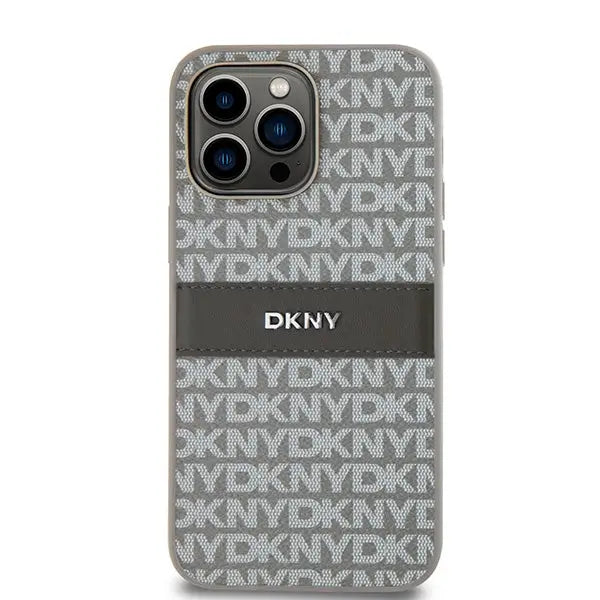 DKNY Leather Mono Stripe & Metal Logo case for iPhone 14 Pro Max - beige - Cell phone cases and covers<<<HurtelXML