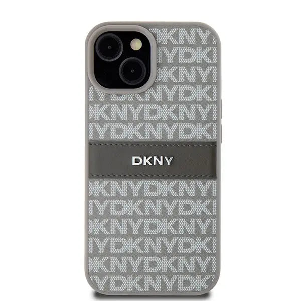 DKNY Leather Mono Stripe & Metal Logo case for iPhone 15 Plus / 14 Plus - beige - Cell phone cases