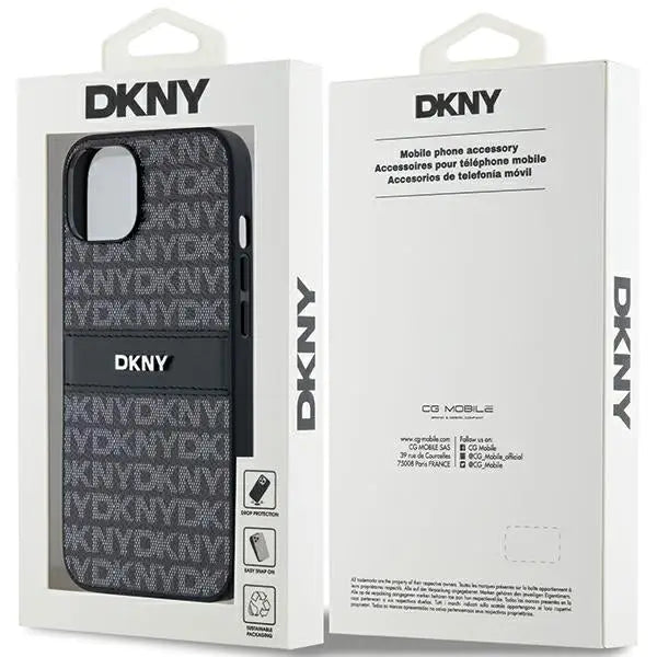 DKNY Leather Mono Stripe & Metal Logo Case for iPhone 15 Plus / 14 Plus - Black - Cell phone cases