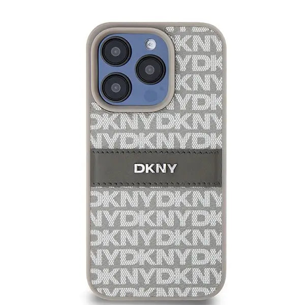 DKNY Leather Mono Stripe & Metal Logo case for iPhone 15 Pro - beige - Cell phone cases and covers<<<HurtelXML
