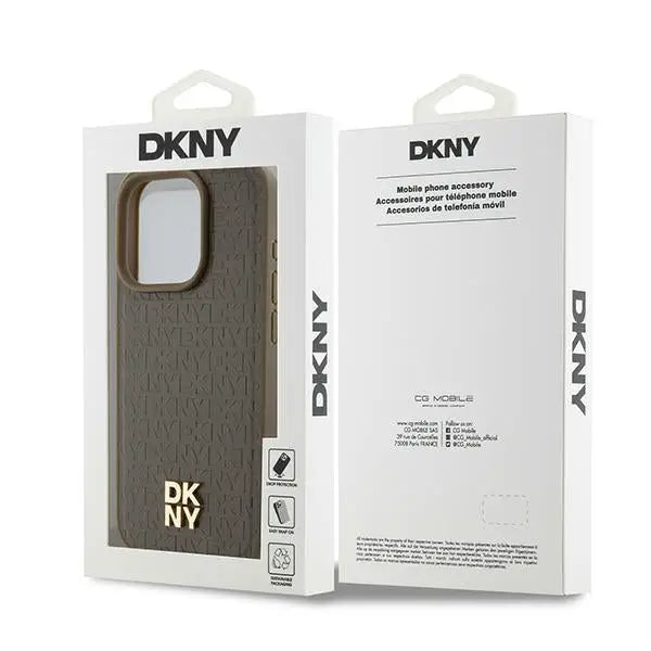 DKNY Leather Pattern Metal Logo MagSafe case for iPhone 14 Pro - brown - Cell phone cases and covers<<<HurtelXML