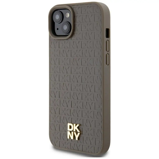 DKNY Leather Pattern Metal Logo MagSafe Case for iPhone 15 Plus / 14 Plus - Brown - Cell phone cases