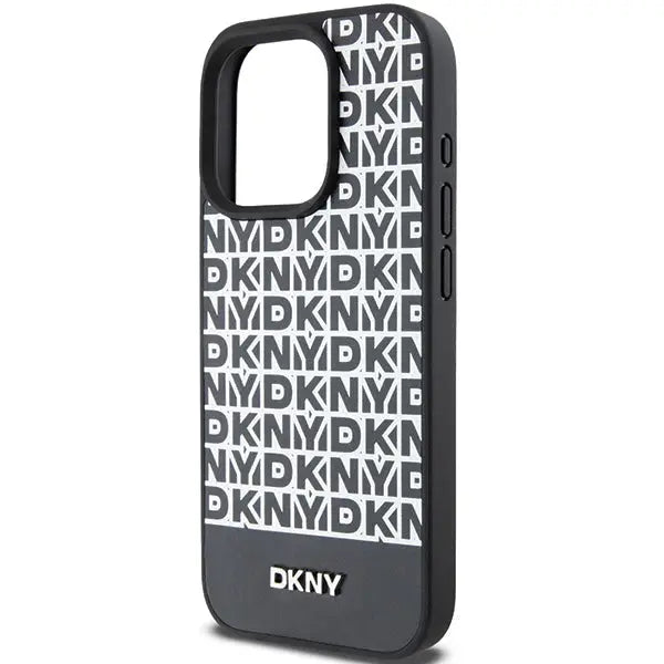 DKNY Leather Printed Pattern Metal Logo MagSafe Case for iPhone 15 Pro Max - Black - Cell phone cases