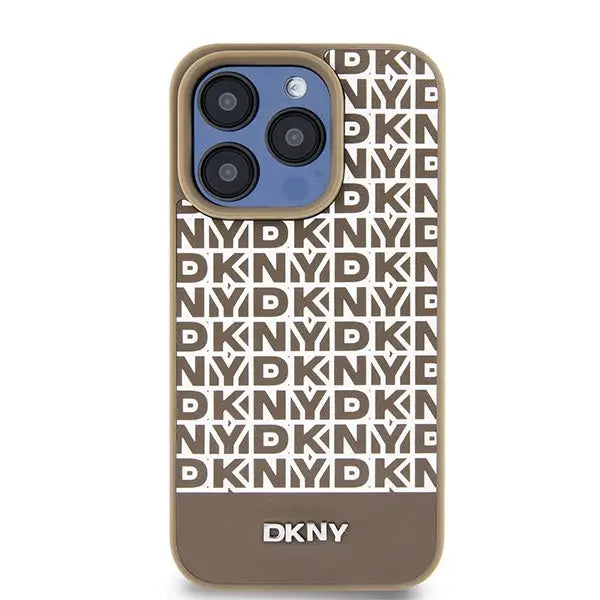 DKNY Leather Printed Pattern Metal Logo MagSafe Case for iPhone 15 Pro Max - Brown - Cell phone cases