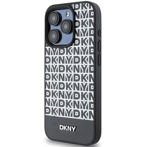 DKNY Leather Printed Pattern Metal Logo MagSafe Case for iPhone 15 Pro Max - Black - Cell phone cases