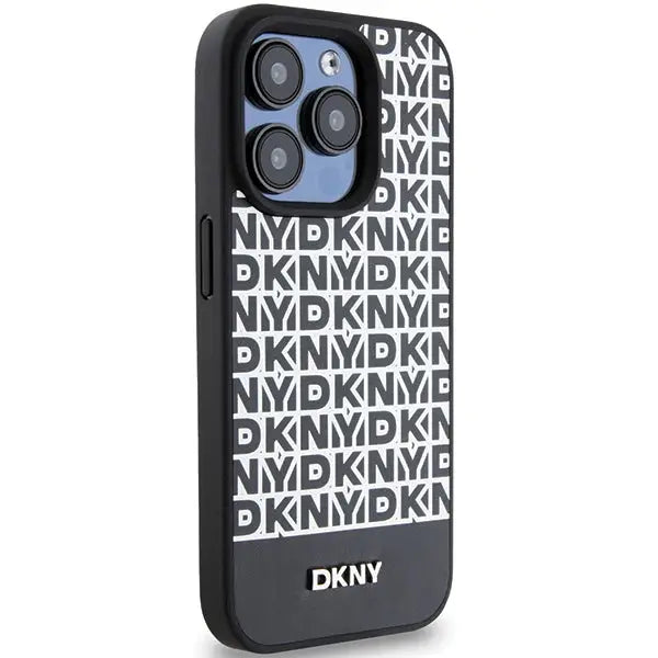 DKNY Leather Printed Pattern Metal Logo MagSafe Case for iPhone 15 Pro Max - Black - Cell phone cases