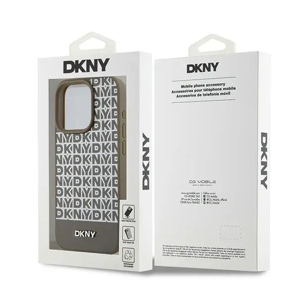 DKNY Leather Printed Pattern Metal Logo MagSafe Case for iPhone 15 Pro Max - Brown - Cell phone cases