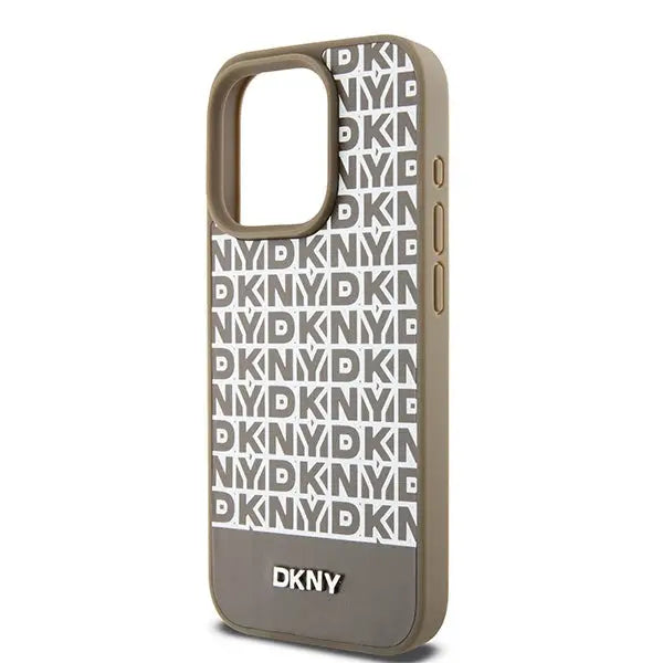 DKNY Leather Printed Pattern Metal Logo MagSafe Case for iPhone 15 Pro Max - Brown - Cell phone cases