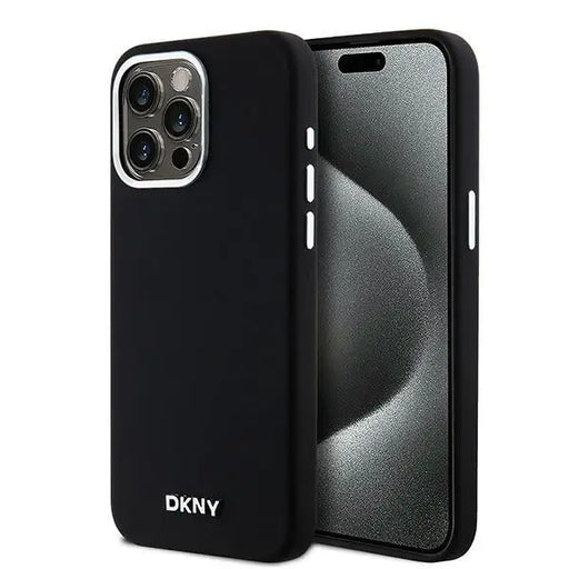 DKNY Liquid Silicone Small Metal Logo MagSafe Case for iPhone 15 Pro Max - Black - Cell phone cases