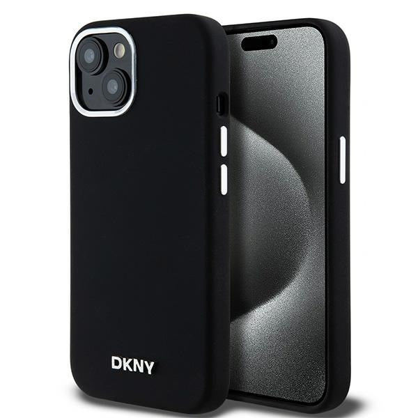 DKNY Liquid Silicone Small Metal Logo MagSafe Case for iPhone 15/14/13 - Black