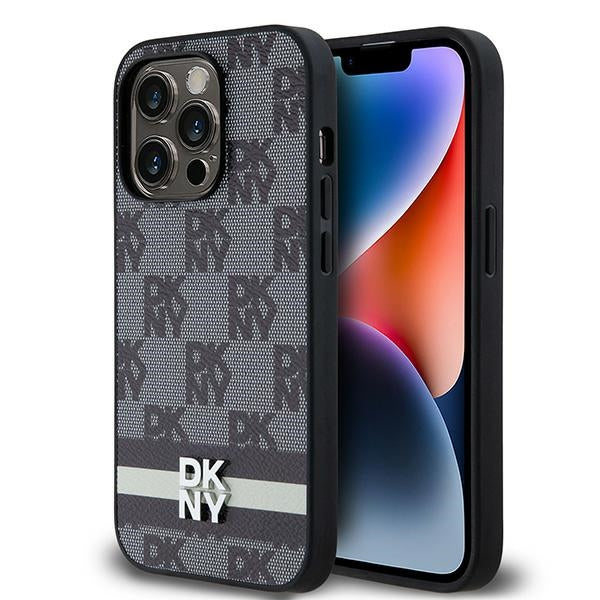DKNY Leather Checkered Mono Pattern &amp; Printed Stripes iPhone 14 Pro Case - Black