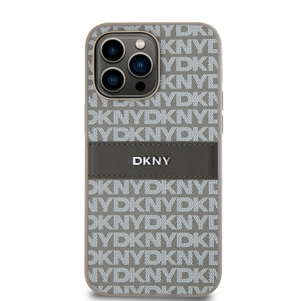 DKNY Leather Mono Stripe &amp; Metal Logo case for iPhone 14 Pro - beige