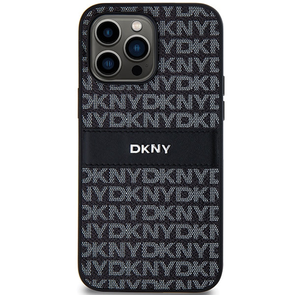 DKNY Leather Mono Stripe &amp; Metal Logo case for iPhone 14 Pro - black