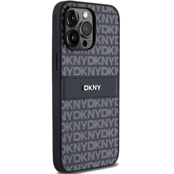 DKNY Leather Mono Stripe &amp; Metal Logo case for iPhone 14 Pro - black