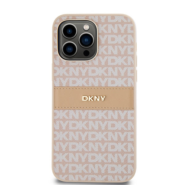 DKNY Leather Mono Stripe &amp; Metal Logo case for iPhone 14 Pro - pink