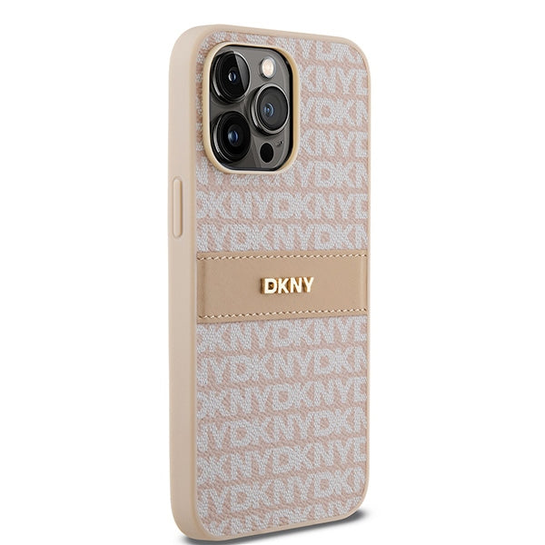 DKNY Leather Mono Stripe &amp; Metal Logo case for iPhone 14 Pro - pink