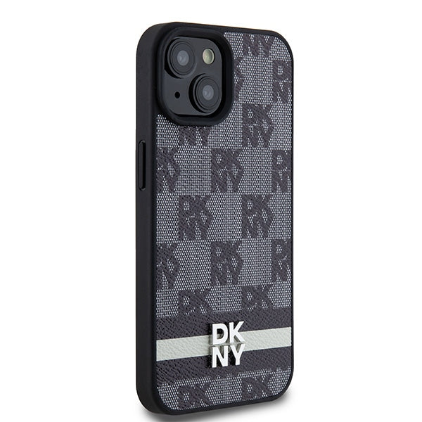DKNY Leather Checkered Mono Pattern &amp; Printed Stripes Case for iPhone 15/14/13 - Black