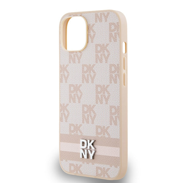 DKNY Leather Checkered Mono Pattern &amp; Printed Stripes case for iPhone 15 / 14 / 13 - pink