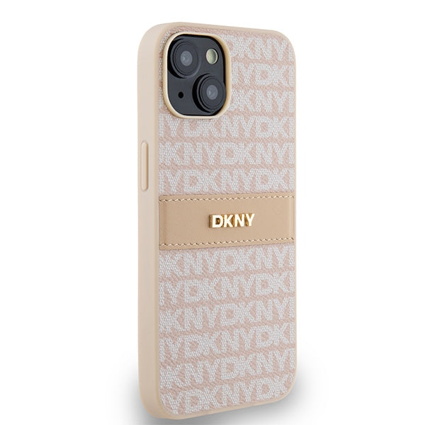 DKNY Leather Mono Stripe &amp; Metal Logo case for iPhone 15 / 14 / 13 - pink