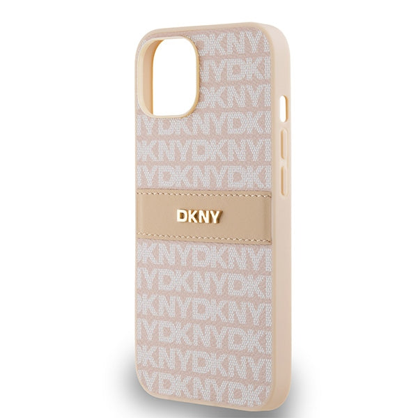 DKNY Leather Mono Stripe &amp; Metal Logo case for iPhone 15 / 14 / 13 - pink