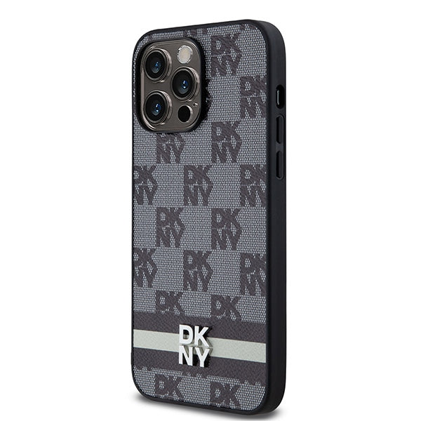 DKNY Leather Checkered Mono Pattern &amp; Printed Stripes Case for iPhone 14 Pro Max - Black