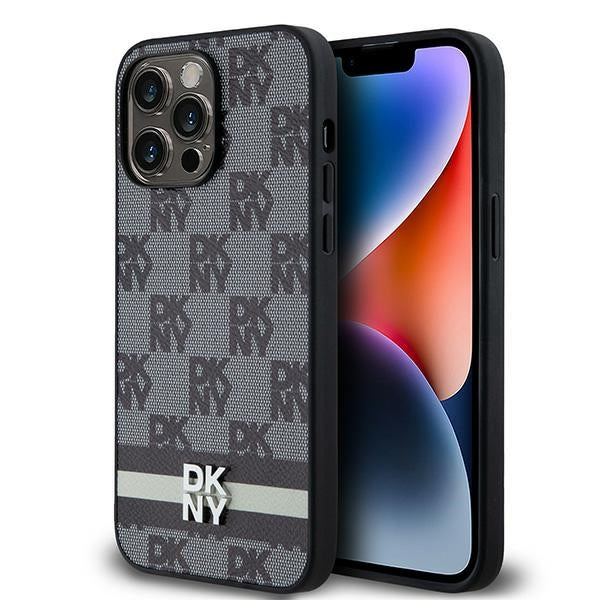 DKNY Leather Checkered Mono Pattern &amp; Printed Stripes Case for iPhone 14 Pro Max - Black