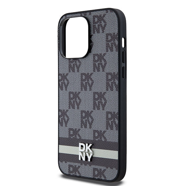 DKNY Leather Checkered Mono Pattern &amp; Printed Stripes Case for iPhone 14 Pro Max - Black
