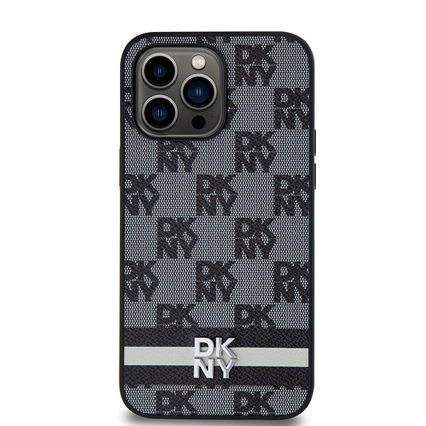 DKNY Leather Checkered Mono Pattern &amp; Printed Stripes Case for iPhone 14 Pro Max - Black