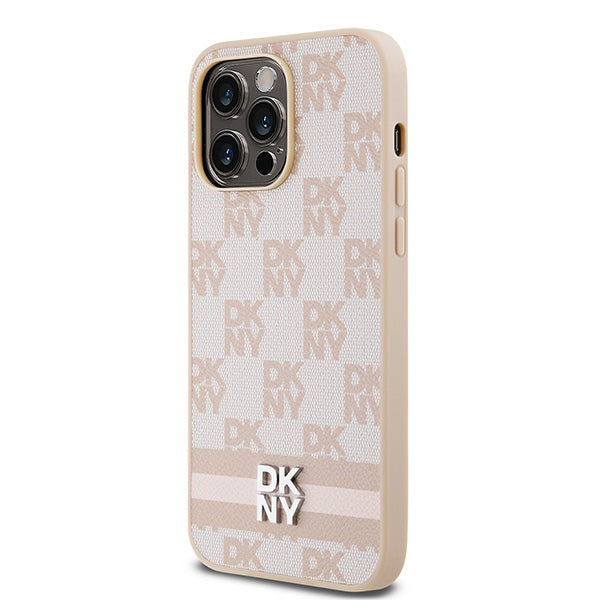 DKNY Leather Checkered Mono Pattern & Printed Stripes case for iPhone 14 Pro Max - pink